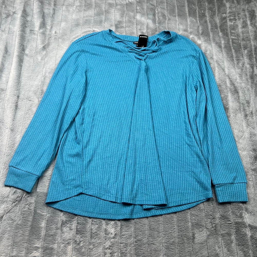 Torrid Waffle Lace Up Vneck Long Sleeve Top Lyons Blue 1 1X 42990176
